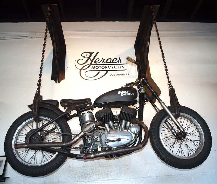 heroes motorcycles serge bueno s homage to history, Hanging art in the form of an original Harley KR racer Rather than restore the rare early example Serge chose to retain its original patina