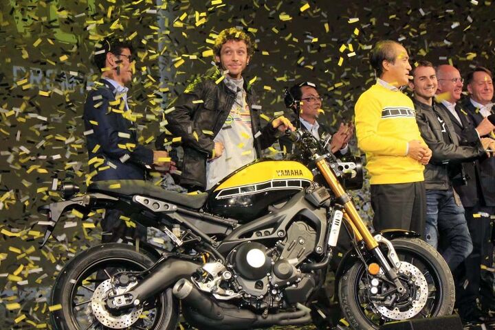 duke s den notes from walking miles of aisles at eicma, Two highlights of Yamaha s presentation the FZ 09 based XSR900 and Valentino Rossi Oh and also MotoGP world champion Jorge Lorenzo third from right