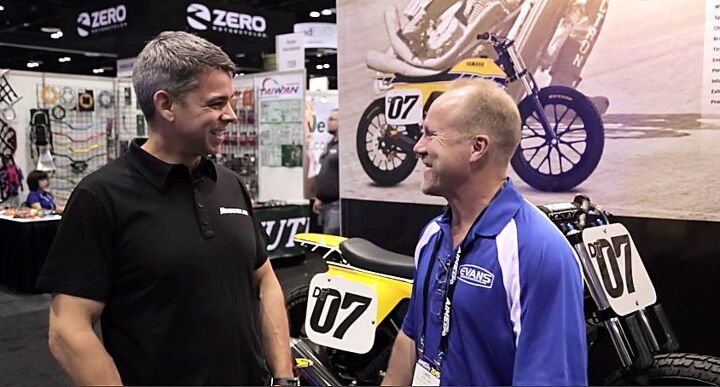 tomfoolery the i mo i show, Bike shows are great places for rubbing elbows with industry personalities and racing heroes Legendary flattracker Chris Carr and I share a laugh during an impromptu interview at AIMExpo