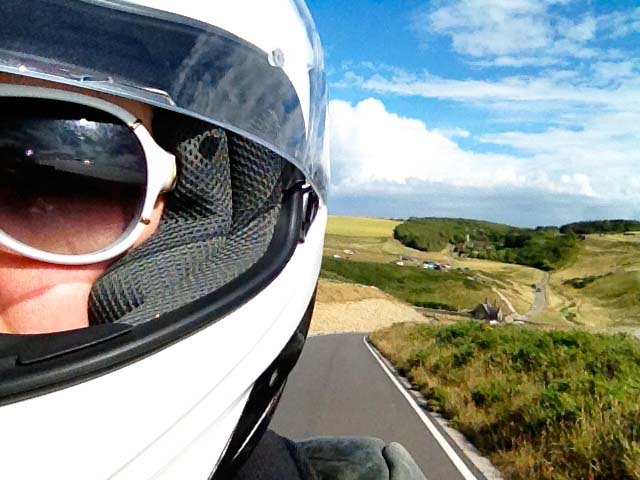 riding motorcycles in britain, My wife s selfie from the back of my bike as we rode the southern coast