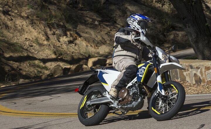 2016 husqvarna 701 supermoto review, A six speed transmission offers nicely spaced ratios combined with the 701 Supermoto s road friendly 16 42 final gearing The transmission does not shift as precisely as it should but the APTC slipper clutch s action is light and linear