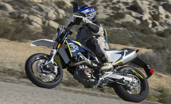 2016 husqvarna 701 supermoto review, There isn t a lot to complain about in the Husqvarna 701 Supermoto Its tractable engine sure footed handling and comfy suspension and ergos can make scorching the backroads a lot of fun