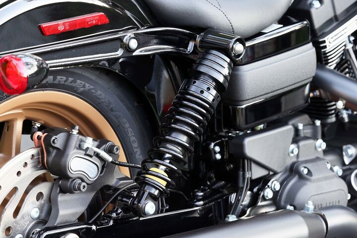 2016 harley davidson low rider s first ride review, These Showa shocks and their dual rate springs deserve a medal for making 2 1 inches of wheel travel seem like enough