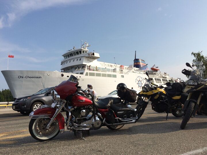 motorcycle adventures in northeastern ontario, Motorcycles waiting their turn to board the Chi Cheemaun Ferry