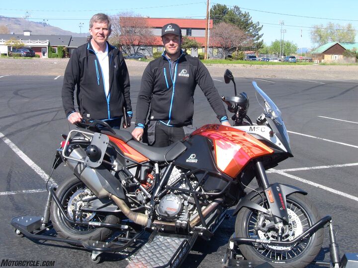 skidbike tested ktm 1190 adventure and honda crf250l, Curt left and Anders Cedergren are the father son dynamic of Cedergrens MEK The newest addition to the company s Skidbike program is the KTM 1190 Adventure with Bosch ABS C ABS and Motorcycle Stability Control systems Skidbike allows riders to really explore the advantages of these technologies