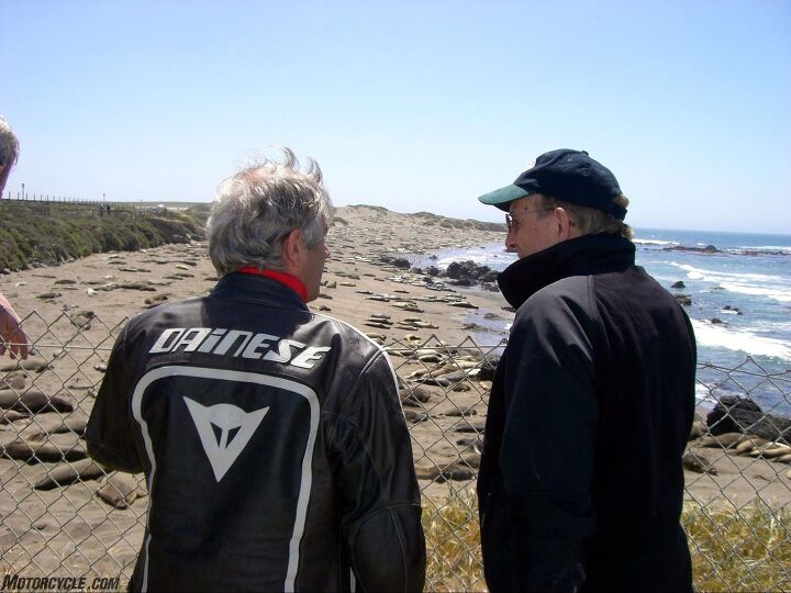 whatever not the quail, Ago and Phil at the Sea Lion Breeding thing on the Pacific coast Phil is either about to make an important point regarding the 1966 Swedish GP or just did
