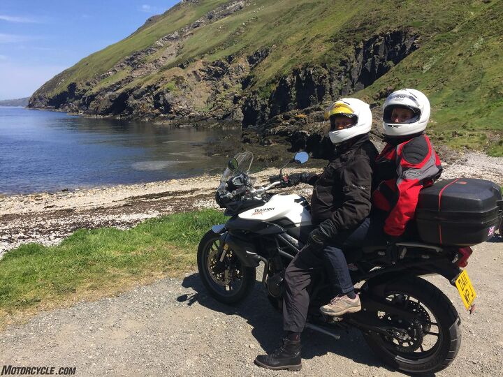 out and about at the 2016 isle of man tt, Peter and Gill Thompson from Llandudno Wales on their Triumph Tiger at Fleshwick Bay near Port Erin Isle of Man