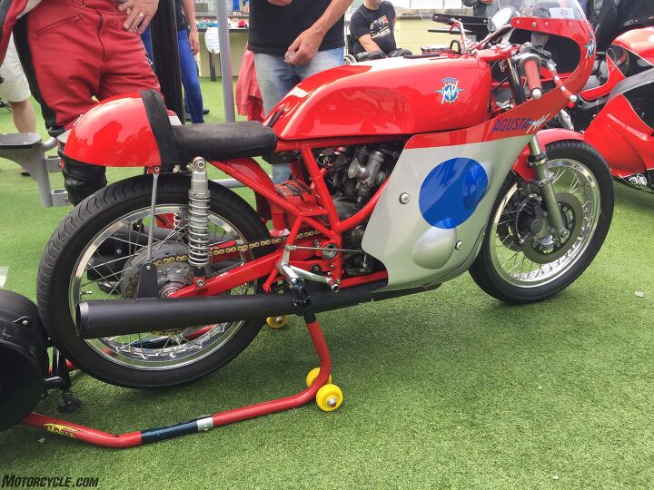 out and about at the 2016 isle of man tt, A vintage MV Agusta three cylinder race bike at Peel Bike Show