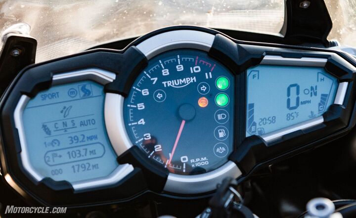 2016 triumph tiger explorer xca review, The necessary information can be gathered at a glance The left LCD shows the ride mode Sport on top the TSAS setting Normal in the middle plus a trio of user customizable information readouts The right panel provides displays for speed time fuel gear position and engine and ambient temperatures