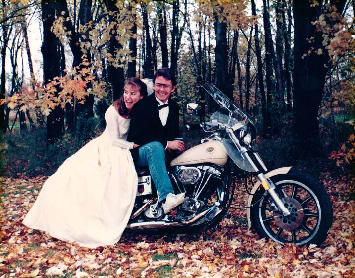 head shake evolution of an ideal, These H Ds have been stalking us for decades wedding day Wife Number 2 and a neighbor friend insists we get a photo on his bike to mark the occasion It beats thinking about peeing in a plastic can