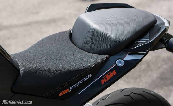2016 ktm 390 duke long term review, KTM s Ergo Seat uses much nicer materials note its softer textured surface next to the plasticky pillion saddle and is well worth its 130 price as long as your legs aren t especially short