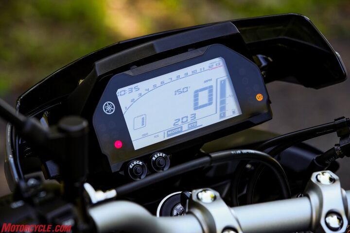 2017 yamaha fz 10 first ride review, It s no TFT display but at least the LCD gauge cluster is large fairly easy to read and filled with all the necessary information