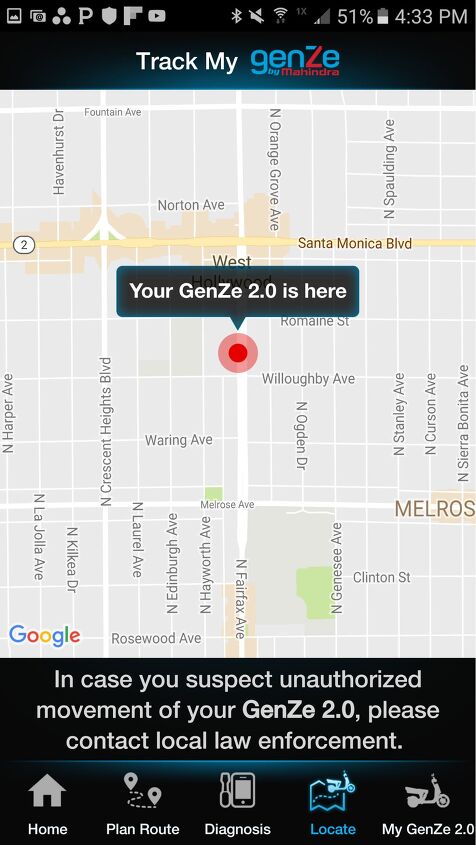 genze 2 0 electric scooter review, One of the more interesting features of the app is the ability to locate your ride via GPS Handy if you forgot where you parked especially so if you re the victim of theft