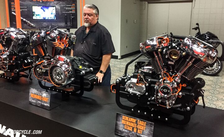 2017 harley davidson milwaukee eight engines tech brief, Alex Bozmoski Chief Engineer of the Milwaukee Eight Project shows off Harley s new engine to the assembled media