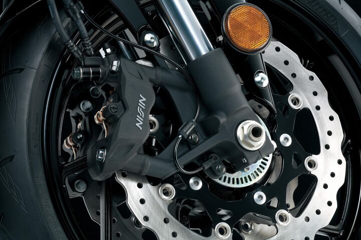 2018 suzuki gsx s750 and 750z previews, We complained about the cheap front brake Suzuki shut us down with the addition of these nice 310mm petal discs and radial four piston Nissin clampers