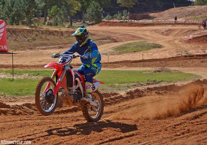 2017 honda crf450r first ride review, Honda s all new chassis can still be nervous in a straight line if not set up properly We elected to lower the fork legs 5mm in the triple clamps which improved its high speed stability to our satisfaction