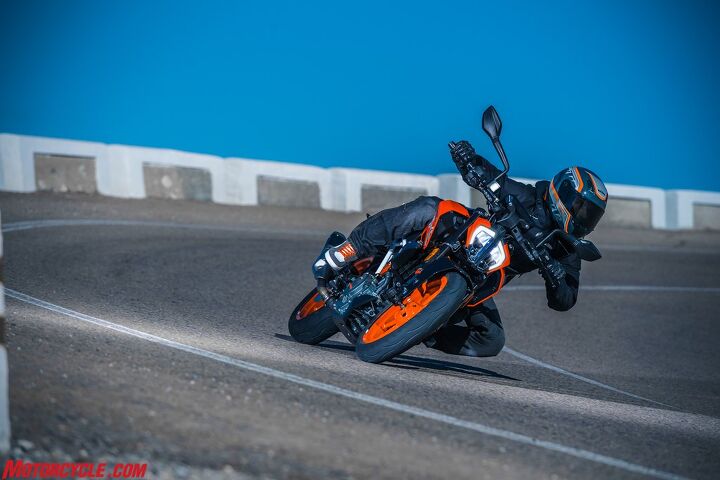 2017 ktm 390 duke preview, The 390 Duke didn t have any problems carving corners but a new WP fork promises even sharper handling