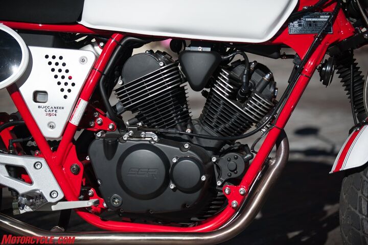 2017 ssr buccaneer cafe review, The 250cc air cooled SOHC two valve V Twin is a simple thing putting out a nice rumble belying its modest displacement