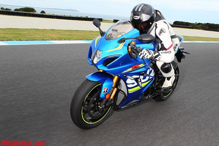 2017 suzuki gsx r1000r review first ride, Colorway choices for the GSX R1000R are limited to the blue MotoGP replica seen here or a stealthy black version The standard GSX R1000 adds red to the color selections LED position lights above the ram air ducting is the giveaway you re looking at the 1000R The sleek LED turnsignals seen in these pictures unfortunately won t make it to the USA as DOT regulations force us to suffer with larger amber lensed indicators