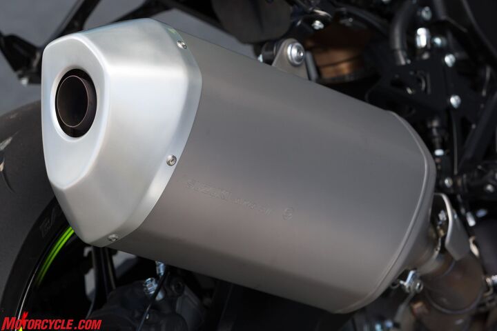 2017 suzuki gsx r1000r review first ride, Yes that is an obnoxiously large silencer On the plus side it s wrapped in a lightweight titanium skin and is just a slip on muffler away from prettiness while maintaining the two butterfly valves in the header pipes plus another valve in the collector area ahead of the muffler to help optimize power production over a broad rev range
