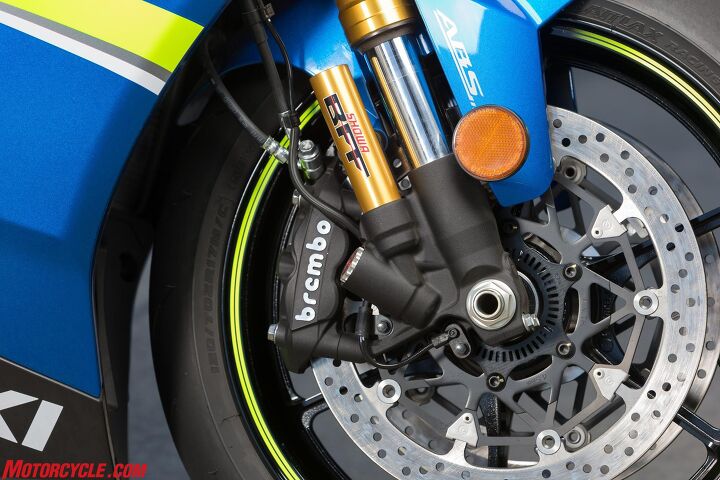 2017 suzuki gsx r1000r review first ride, Showa s Balance Free Fork is becoming one of our BFFs for its excellent performance Brembo s T drive rotor attachments are lighter yet produce a larger contact area between the disc and the carrier requiring two less mounts than the dozen conventional mounts formerly employed minimizing the weight gain from the 10mm larger discs