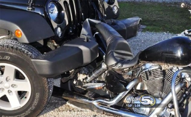 hit and run suspect drives home with motorcycle stuck in bumper