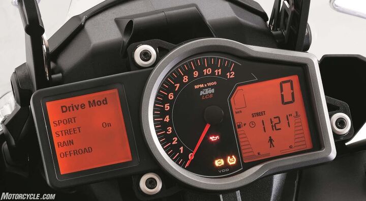 2017 ktm 1090 adventure r review first ride, The 1090 R s instrument cluster is the same as the 1190 s Nothing fancy like the new 1290 Super Adventure s full color clocks but the analog tach is familiar while the digitals readouts are legible and easy to navigate
