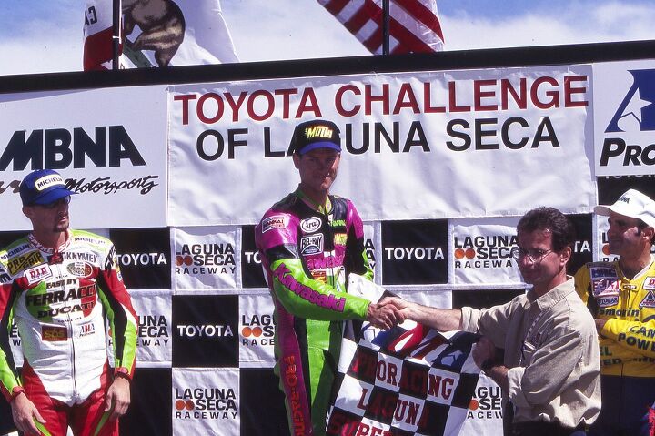 mo interview catching up with racer doug chandler, On the podium at Laguna Seca now Mazda Raceway with Miguel Duhamel and Mat Mladin