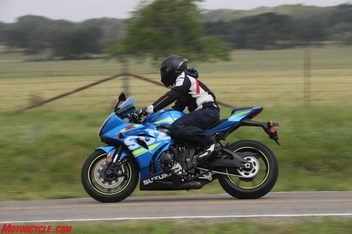 2017 suzuki gsx r1000 review, Outside of the Circuit of the Americas Texas isn t known for its curvy roads this is the extent of lean angle we saw on our street ride That said as far as sportbikes go the GSX R is awfully agreeable its broad powerband is perfect for street riding while ergos aren t overly aggressive Engine vibrations aren t bad either with minimal buzz felt through the bars at cruising speeds