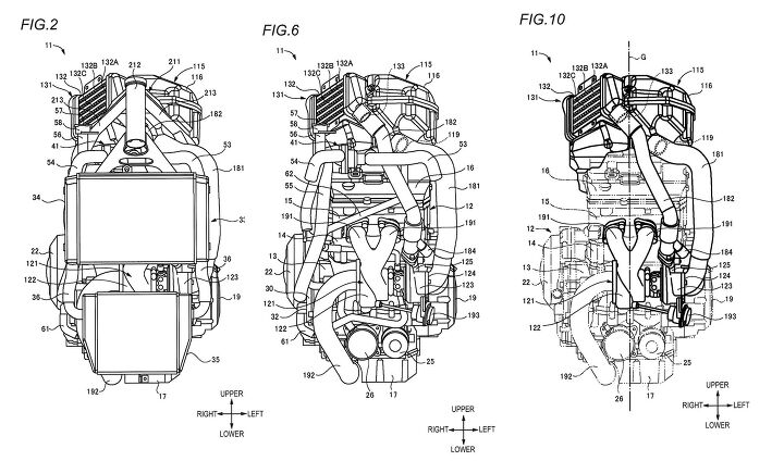 turbocharged suzuki revealed in patent filings, Figure 2 shows the engine in the frame with two radiators Figure 6 shows the engine with Figure 10 highlighting the components of the forced induction system The turbocharger 121 is located just below where the header pipes join The airbox 115 and intercooler 131 form a single unit located above the cylinder heads