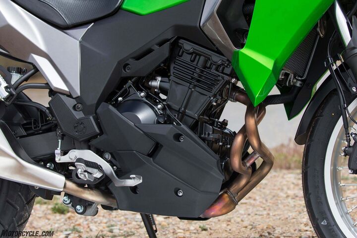 2017 kawasaki versys x 300 abs review, Longer exhaust headers promote low and midrange power and a new airflow management sends heated air under the bike and away from the rider not that heat was any kind of problem on this ride in Utah What look like engine guards are plastic cowls more for looks but they re pretty sturdy plastic at least
