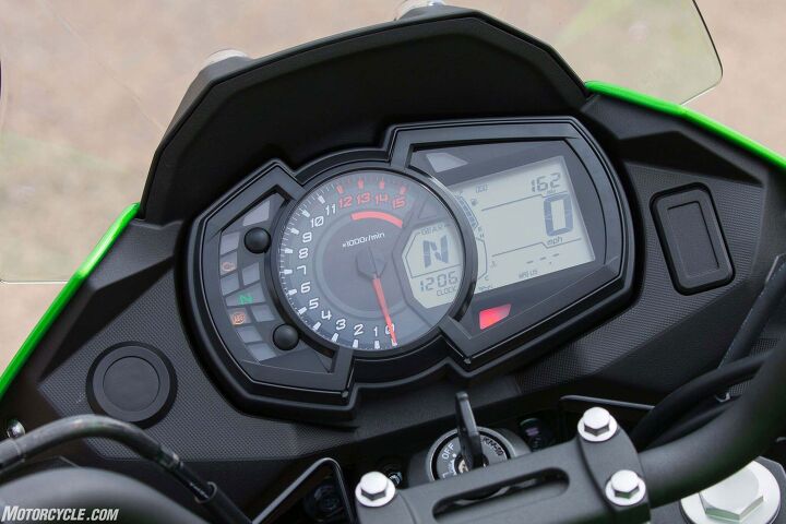 2017 kawasaki versys x 300 abs review, At least there s a big tachometer also everything else you need including a trip computer which said my Versys was getting between 52 and 56 mpg over two days of riding The round cutout to the left is for the accessory 12 volt outlet the rectangular one at right is for the auxiliary lights switch