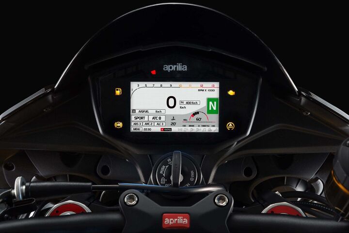 2017 aprilia tuono 1100 rr factory first ride review, Both Tuonos RR and Factory receive the same full color TFT display as the RSV4 There are Track Street and Infotainment view modes with both day and night backgrounds The V4 MP multimedia platform with downloadable track maps is optional The layout is well organized and legible and not as affected by direct sunlight as some other full color displays we ve sampled