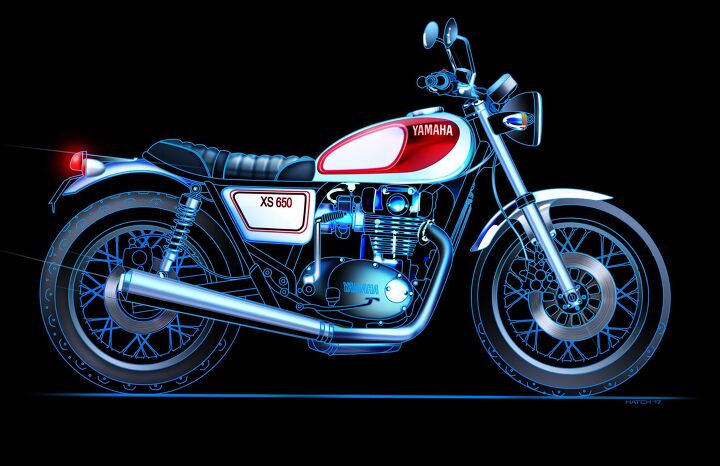 2018 yamaha xs650 concept, So Miyazawa san what do you think of this rendering created by visual wizard Jim Hatch based on my fanciful vision of what I believe should be on the drawing board at Yamaha We liberally cribbed from Triumph s playbook engine cooling fins augment a radiator hidden between the frame s downtubes and a throttle body disguised as a carburetor A 270 degree crank with a counterbalancer like the FZ 07 would also mimic Triumph s mill A kickstarter like the SR400 carries on to satisfy the retro vibe even though an electric starter would be incorporated