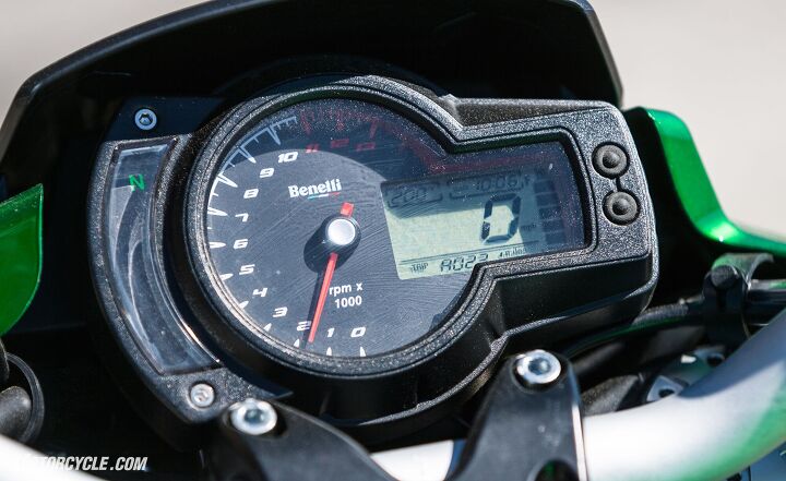 2017 benelli tnt600 tornado review, Large analog tachometer and digital speedo comprise the instrument cluster Some of the information is on the small side but more importantly our speedo reading was way off reading in excess of 10 mph faster than a BMW R nineT pacing alongside