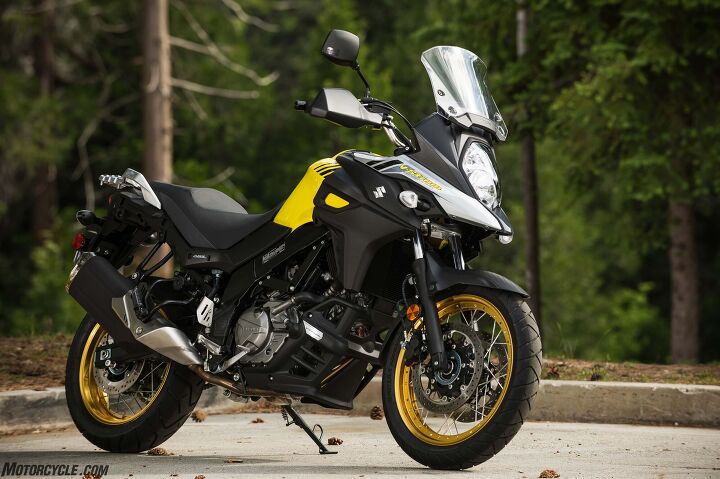 2017 suzuki v strom 650 and 650xt first ride review, Actually there are two V Strom 650s this is the XT which comes with tubeless wire spoke wheels handguards and a black plastic lower engine cowl for 9 299