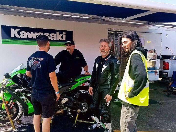 whatever superbikes forever, Kawasaki Whisperer Joey Lombardo talking to Aprilia guy Shane Pacillo has an espresso dispensing rolling hardware store along with all the latest helpful hardware hints