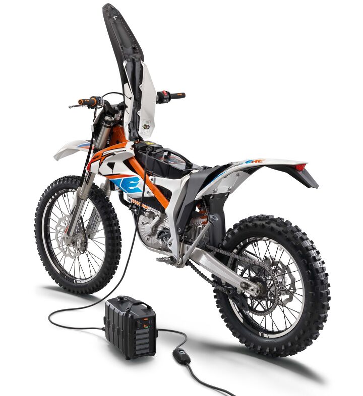 2017 ktm freeride e xc electric motorcycle coming to us, The seat lifts up to allow access to the powerpack In its lowered position the seat is 35 4 inches from the ground with thicker padding towards the rear