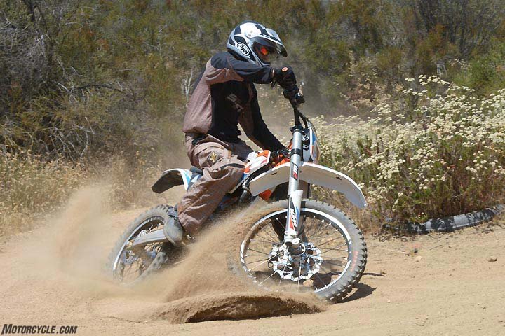 2017 ktm freeride e xc first ride review, The Freeride helps its rider feel like its master Torque is always available and tuned to be nicely controllable for a bike powered by an electric motor Top speed is said to approach 60 mph