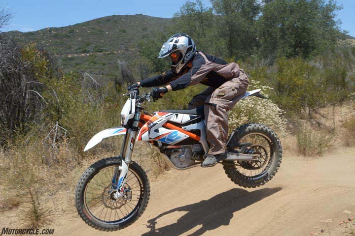 2017 ktm freeride e xc first ride review, The Freeride s WP suspension is a fine compromise for a trail play bike allowing good performance within the parameters required from the bike s reasonably low seat height There s 9 8 inches of travel up front 10 2 in the rear A 21 inch Maxxis TrialMaxx tire leads the way while a MaxxEnduro follows