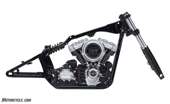 harley davidson introduces all new 2018 softail line, Behold the new Softail chassis and its rigid mounted Milwaukee Eight engine Owners of Dynas and lesser Softails should quake with fear Note The upper engine mount is not shown in this photo