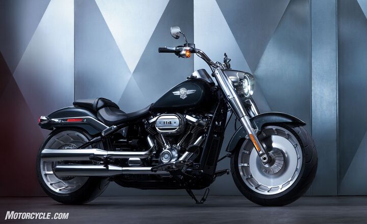harley davidson introduces all new 2018 softail line, An icon reimagined The 2018 Fat Boy looks completely modern New are the solid cast Lakester wheels the massive 160mm front tire and the 1950 s retro headlight nacelle