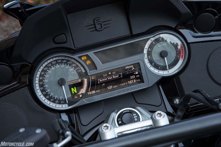 2018 bmw k1600b first ride review, Your GPS display goes in where the plastic 6 is for a few dollars more A nice 80 mph cruise has the tachometer indicating a smoooooth 3500 rpm