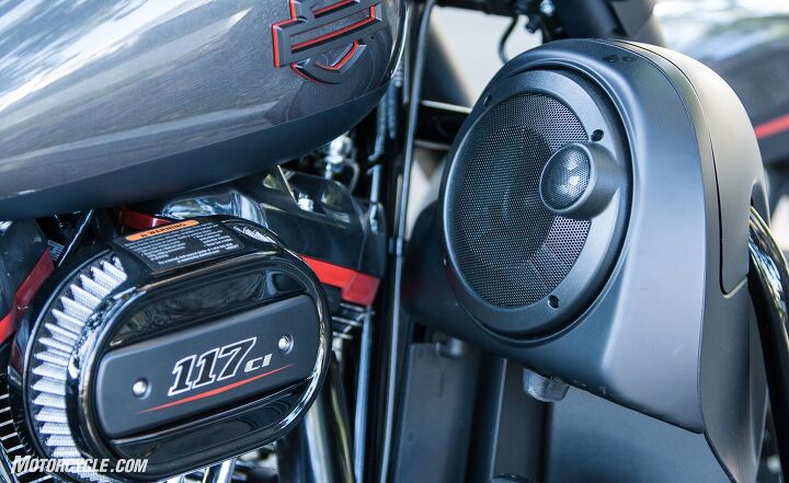 2018 harley davidson cvo street glide review first ride, Fans of loud music will love the addition of the speakers in the CVO Street Glide s lowers Harley says the loss of the Twin Cooled radiators will not affect either rider comfort or engine performance