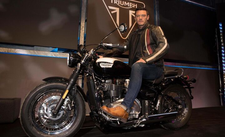 inside triumph top 10 tidbits learned behind the factory doors, Actor Luke Evans aboard the new Speedmaster