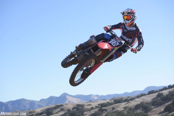 2018 honda crf250r first ride review, Even though it weighs more than some current 450cc motocross machines the 2018 CRF250R doesn t feel heavy The Honda is very neutral and flickable in the air