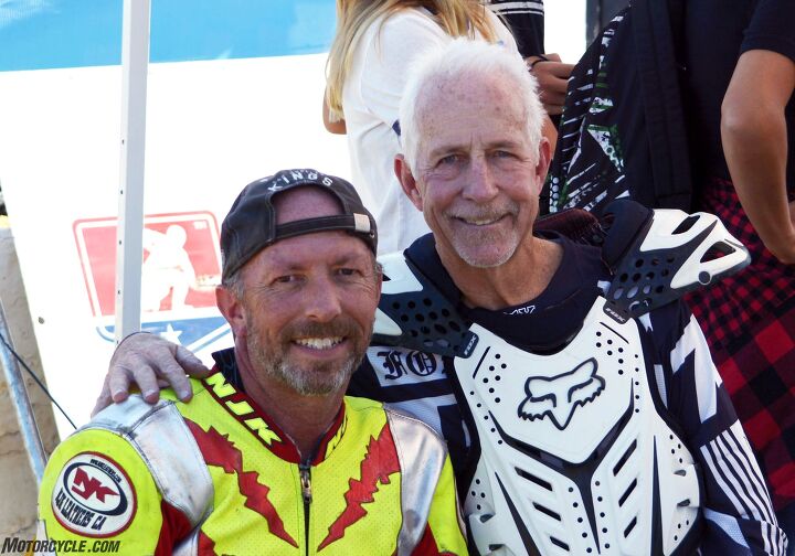 tom white memorial ride, Here s our colleague Scott Rousseau next to Tom White at Perris Auto Speedway on October 7 the date of the final round of the 2017 American Flat Track Series where White rode his FTR750 to fulfill another one of his bucket list wishes less than one month before his passing