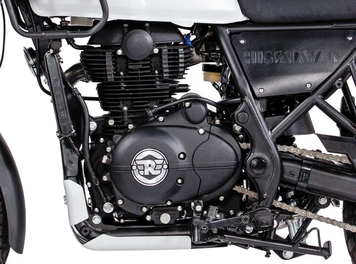 2018 royal enfield himalayan preview, The unit construction 411cc Single eschews liquid cooling for stone ax reliable cylinder finning for air cooling augmented by an oil cooler Nods to modernity include fuel injection an overhead cam and a counterbalancer