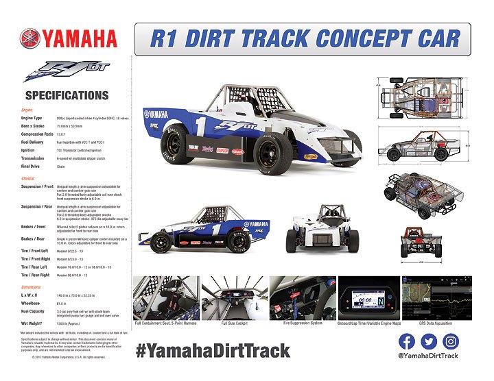 yamaha r1dt dirt track car, The R1DT uses an A arm suspension within an 81 inch wheelbase and is purported to weigh about 1200 pounds The instrument panel is borrowed from the R1 The engine sends its power to the rear wheels via a chain drive
