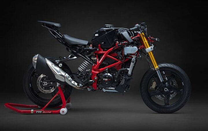 2018 tvs apache rr 310 revealed, Strip away the Apache s bodywork and you ll see a similar engine trellis frame suspension and even wheels as on BMW s G310R